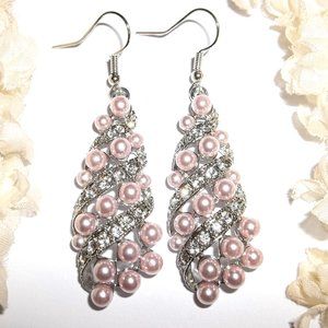 Faux Pearl Earrings Pink with Sparkly White Rhinestones Silver Tone Jewelry A826